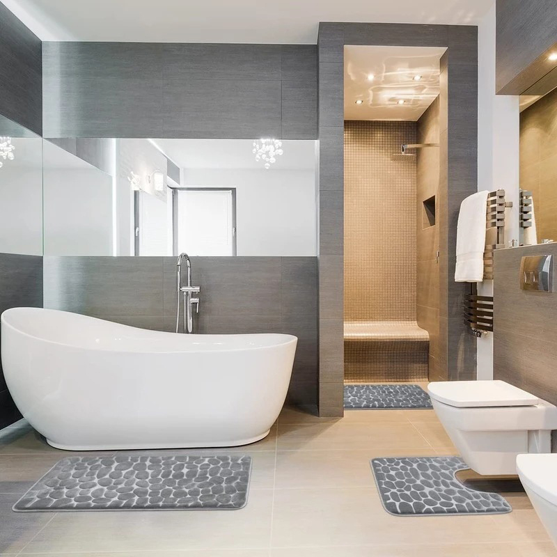 Antislip 50*80Cm Badmat En 50*40Cm Wc Mat Badkamer Tapijt Set Zachte Badmat Met Geplaveide Patroon Wasbare Badmatten