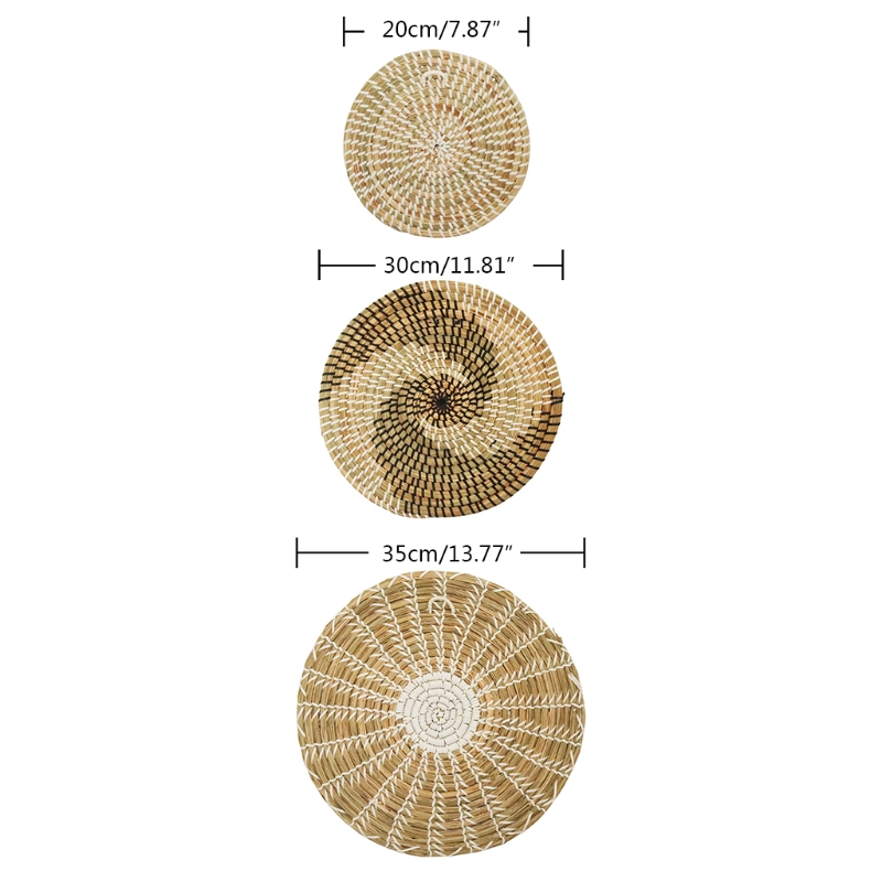 3pcs Boho Woven Wall Basket Decor Handmade Natural Seagrass Round Hanging Decorative Trays for Living Room Bedroom