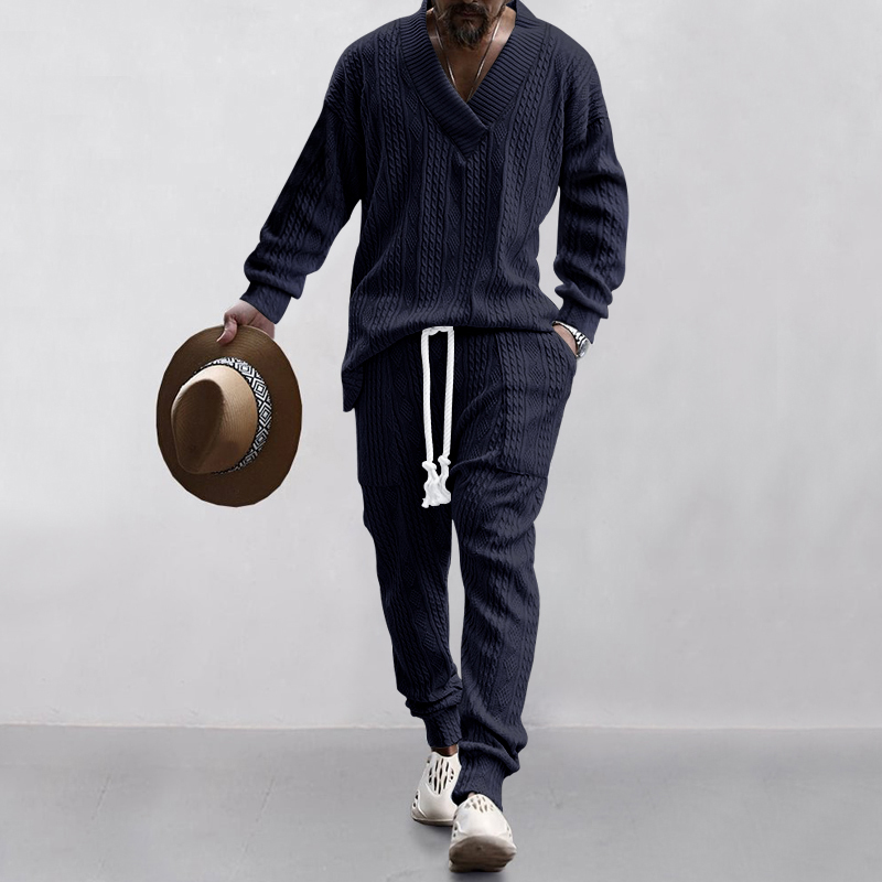 Conjunto de camisa y pantalón con cuello en V para hombre, traje de Jacquard de , estilo europeo y estadounidense, primavera y otoño, novedad: XXL / Azul marino