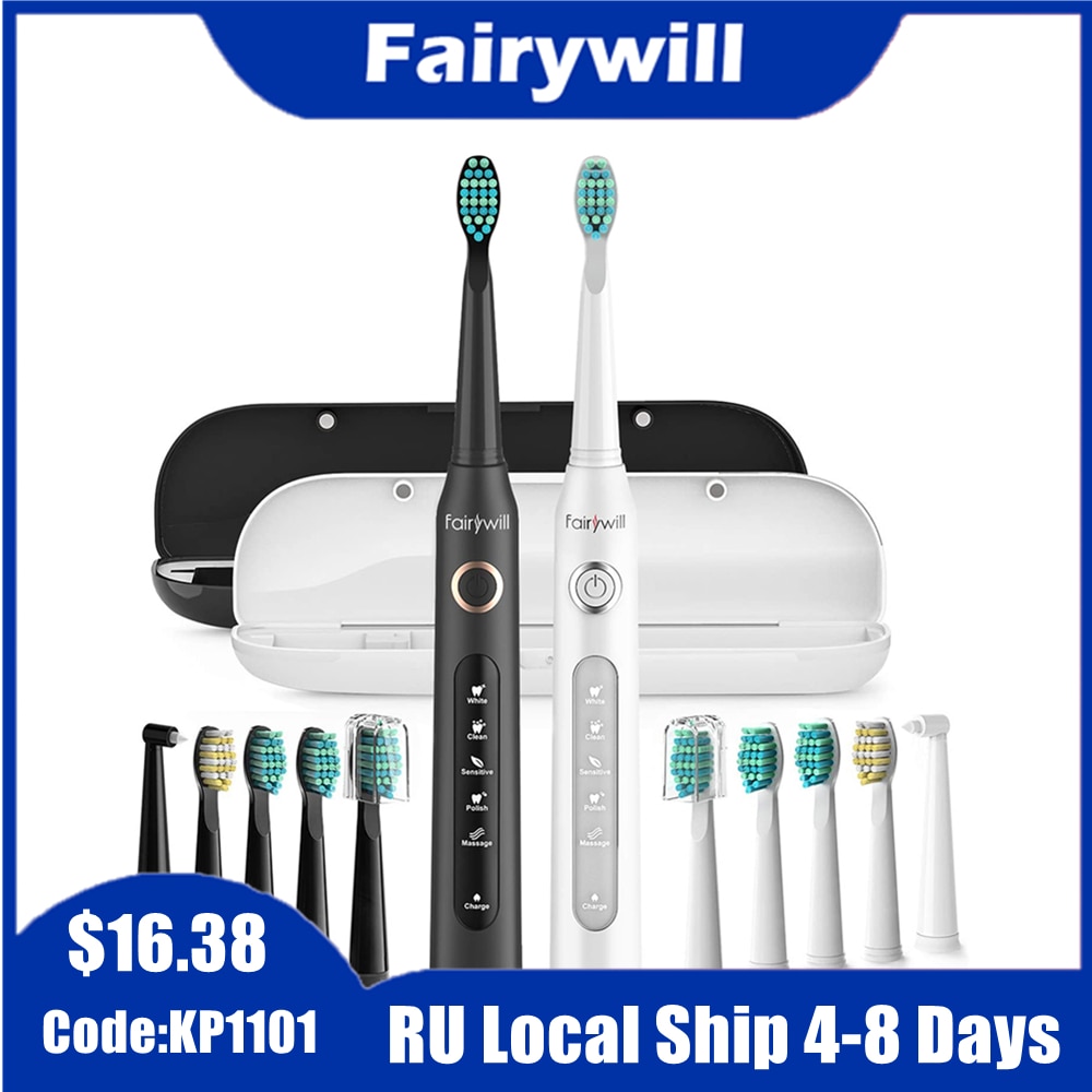 Fairywill Sonic Electric Toothbrush Rechargeable Smart Timer 5 Modes USB Charger Cleaning Brush Replacement 3 Brush Heads Adult