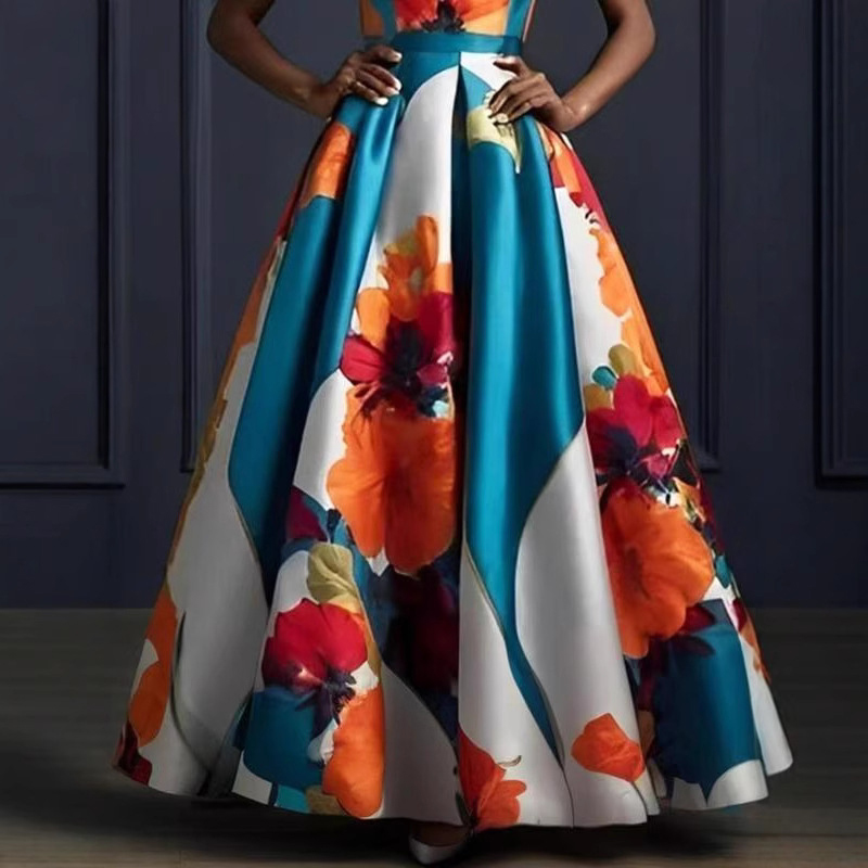 Vestidos sexis sin mangas con dobladillo, vestido de noche para mujer con estampado de flores, vestido largo de cintura alta, Vestidos largos bohemios con cuello redondo para primavera y verano