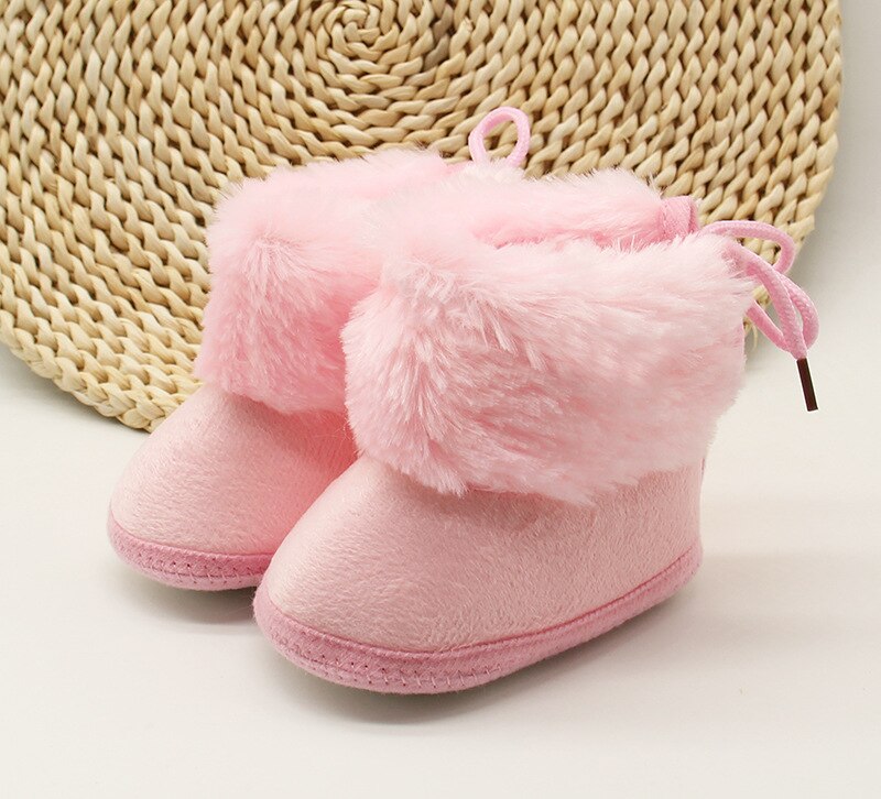 Infant Baby Thick Cotton Snow Boots Anti-Slip Sole Winter Warm Lace Up Sneakers Faux Fur Crib Flat Shoes Winter: Pink / 12cm