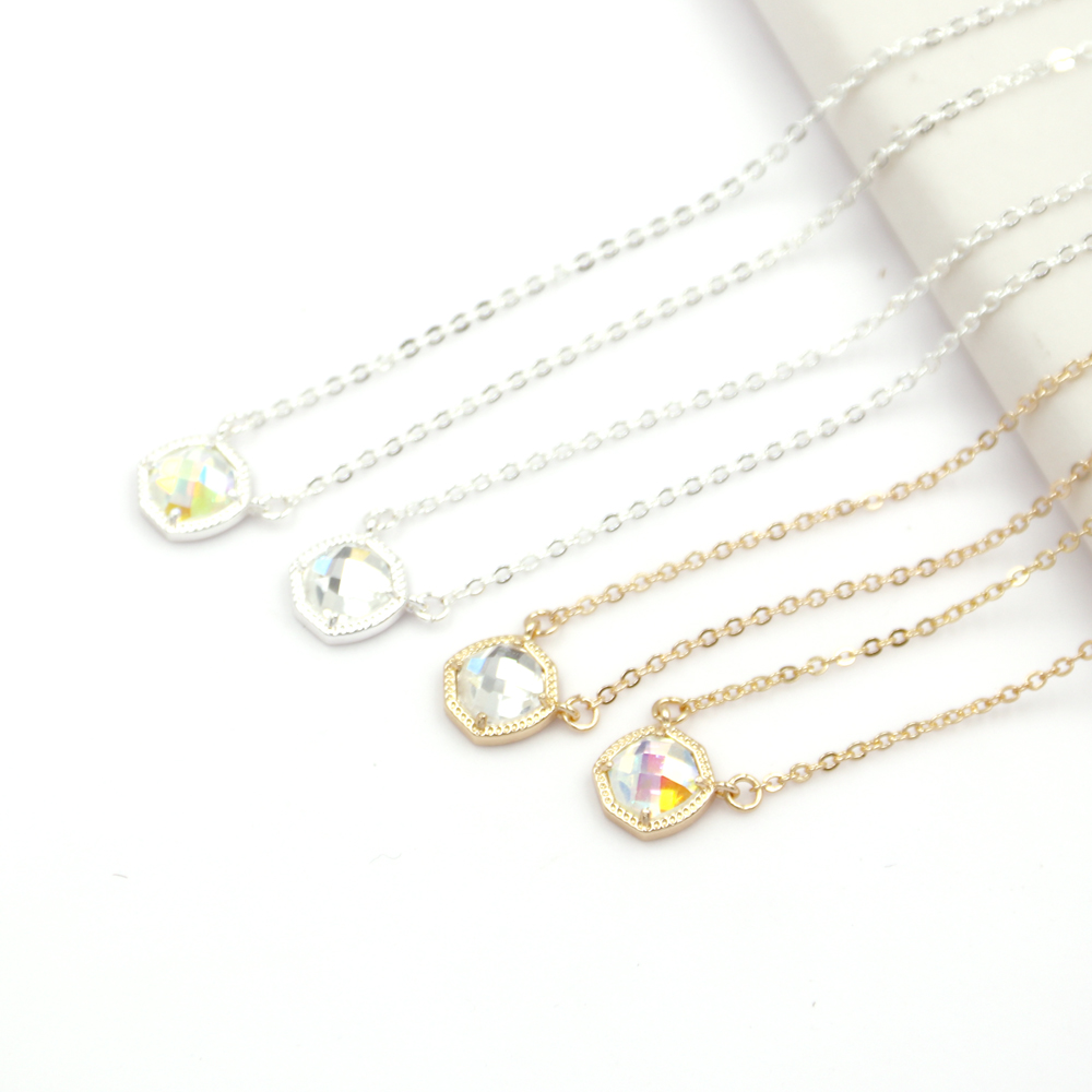 Simple 5 Colors Geometric Candy AB Crystal Hexagon Pendant Necklace For Women