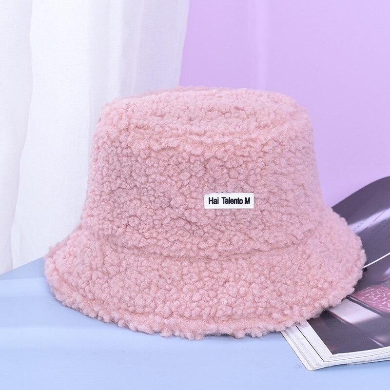 Lamb Wool Faux Female Hat Fur Warm Female Hat Faux Fur Winter Women&#39;s Bucket Hat Fisherman Outdoor Sun Hat Panama Lady Hat Cap: Pink