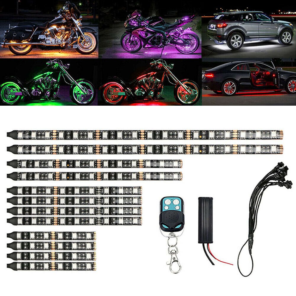 12 stk motorcykel rgb 120 led neon under glød lys strip kit til universal motor 12v plast rgb led strip lys