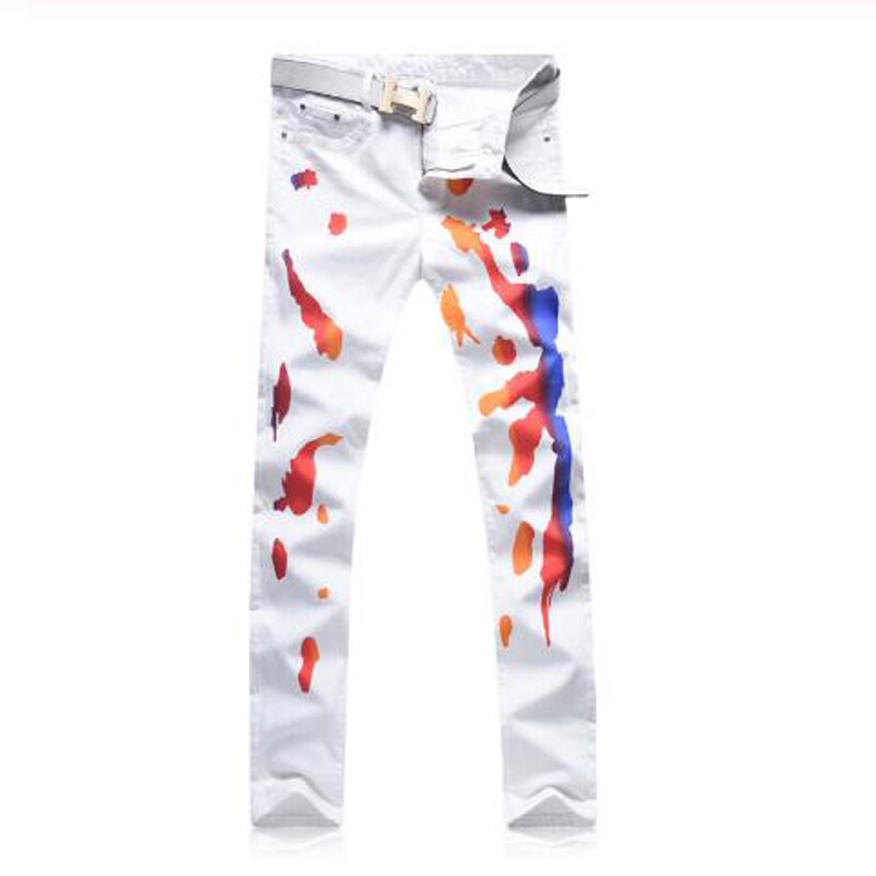 Mäns manliga färgade jeans med vitt tryck casual slim stretch jeans byxor