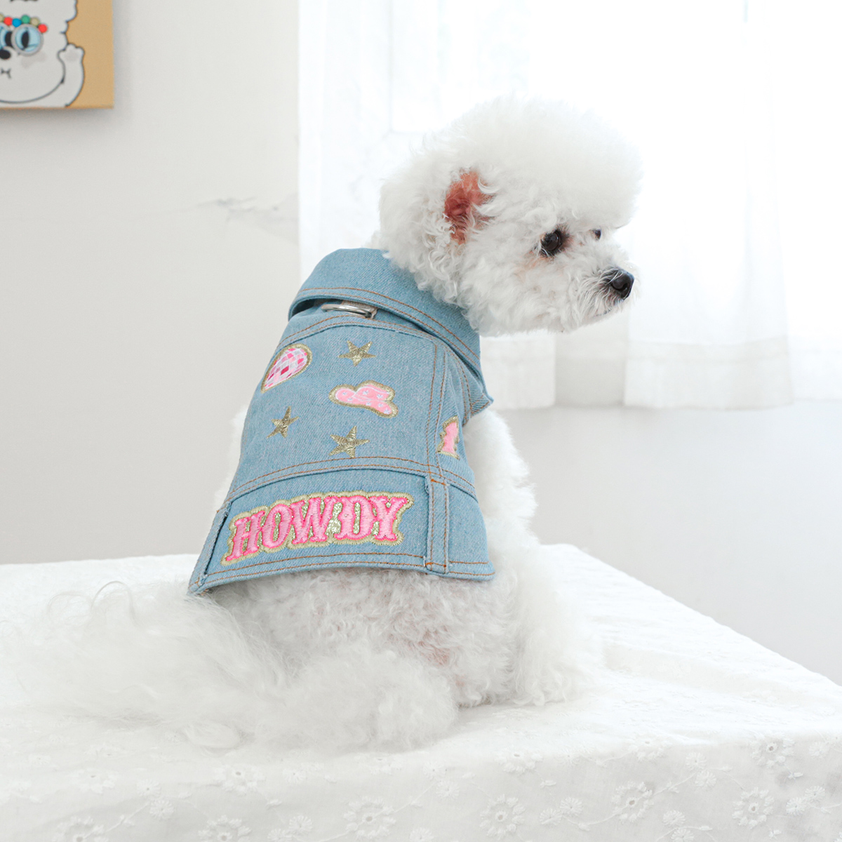 Roze geborduurde jas huisdierkleding hond kat zomer knappe blauwe mouwloze tractiekleding
