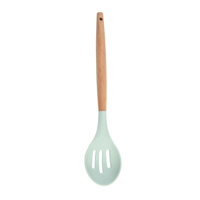 Food Grade Silicone Kitchenware Household Wooden Beech Handle Cooking Utensils Baking Tools Non-stick Spatula Kitchen Accessorie: Colander Spoon