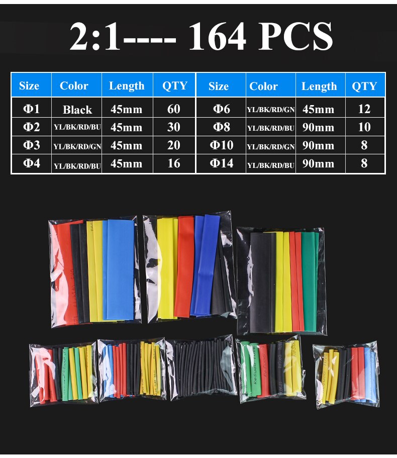 Heat Shrink wrapped Shrinking 2:1 Insulation Sleeving Thermal Casing Car Electrical Cable shrink tube Tube kit Thermoresistant: 164PCS No Box