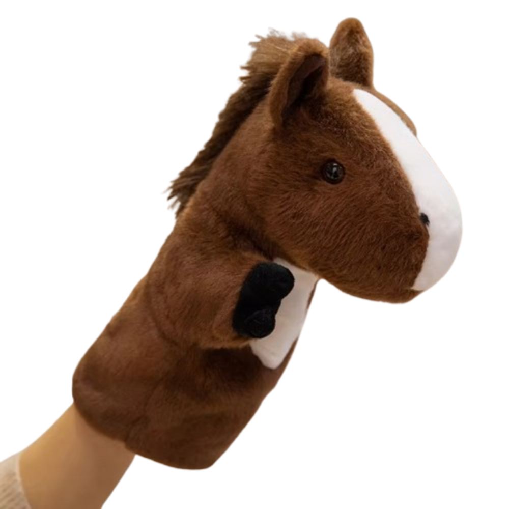 Fantoche de mão de cavalo para contar histórias, macio, com simulação de mão e dedo, 25cm para educação infantil. fantoche de pelúcia para a hora da história.: Preto