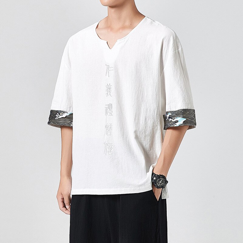 Japanske kimonoer kortærmet t-shirt broderet harajuku yukata japan sommer herre linned herre skjorter bukser asiatisk kostume: Farve 2 / 5xl