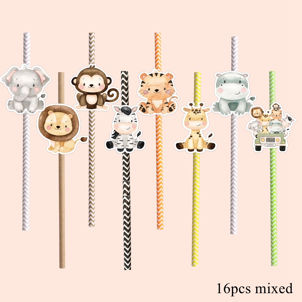 16pcs Carton Animal Straws Eco Striped Drinking Straws for Kids Jungle Safari Wild Animal Happy Birthday Party Decoration Supply: Deep Sapphire
