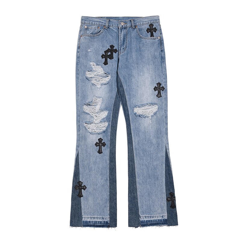 Pantalones vaqueros rasgados para hombre y mujer, ropa urbana de retales de cuero PU con costuras cruzadas, Micro acampanados, estilo Hip Hop