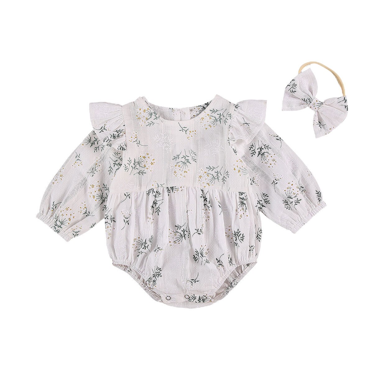 0-24M Infant Baby Girls Boys Bodysuits Headband 2pcs Long Sleeve Ruffles Flowers Print Jumpsuits
