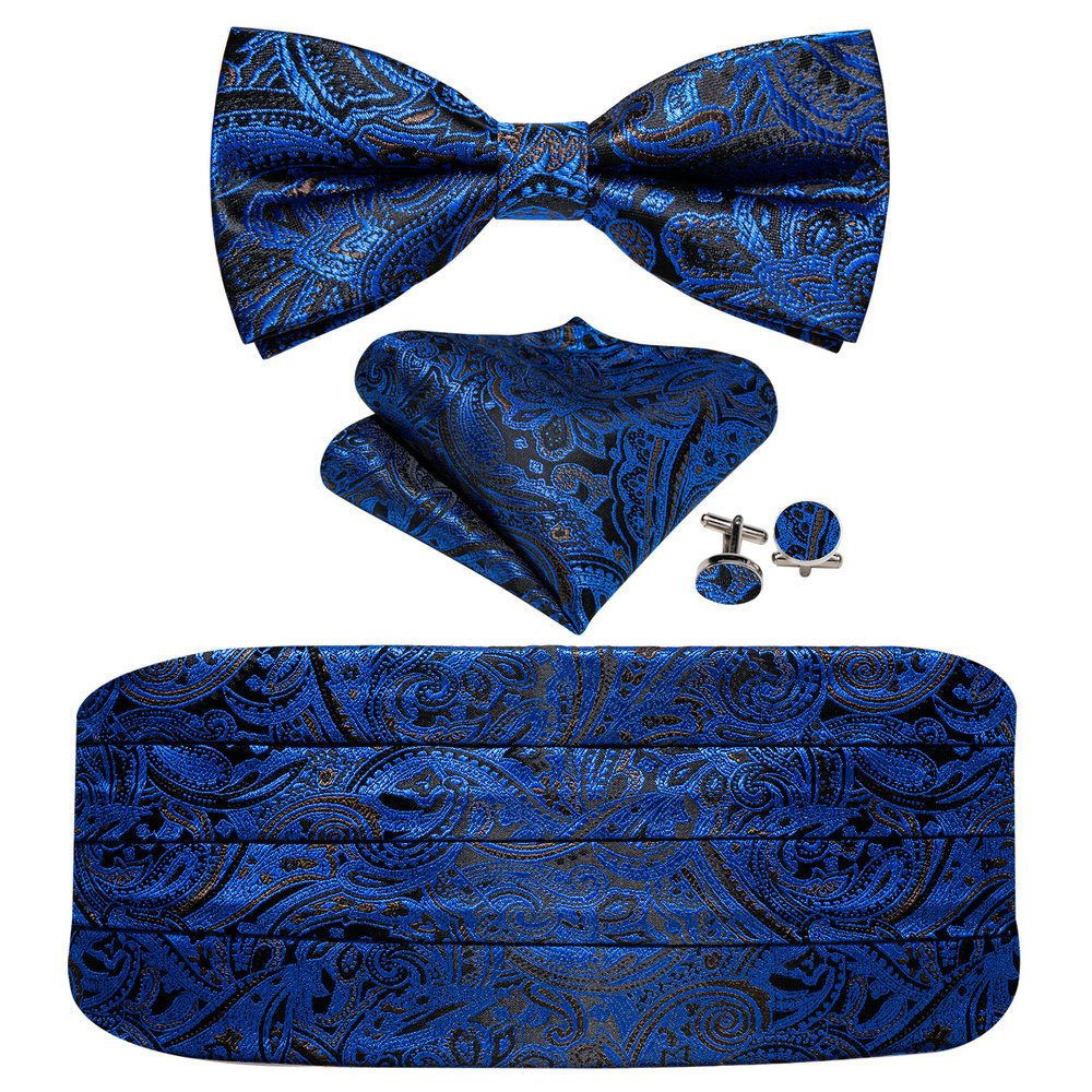 Navy Blue Cummerbund Men Silk Bowtie Pocket Square Cufflinks Sets Classic Paisley Male Accessories Wedding Party Barry.Wang 1031