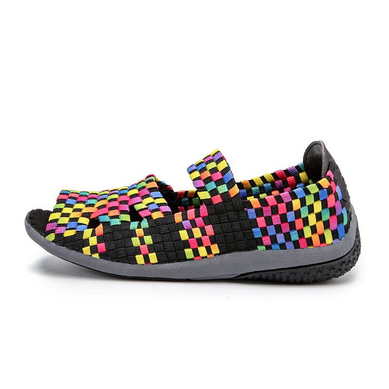 Sandales plates tissées pour femmes, chaussures de , mocassins à enfiler, multicolores: Black color / 38