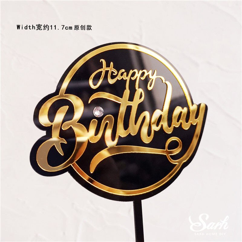 Ins Stil Runde Bronzing "Happy Birthday" Krone Bogen-knoten Kuchen Topper Dessert Dekoration für Hochzeit Geburtstag Party: 2pc  Diamond B