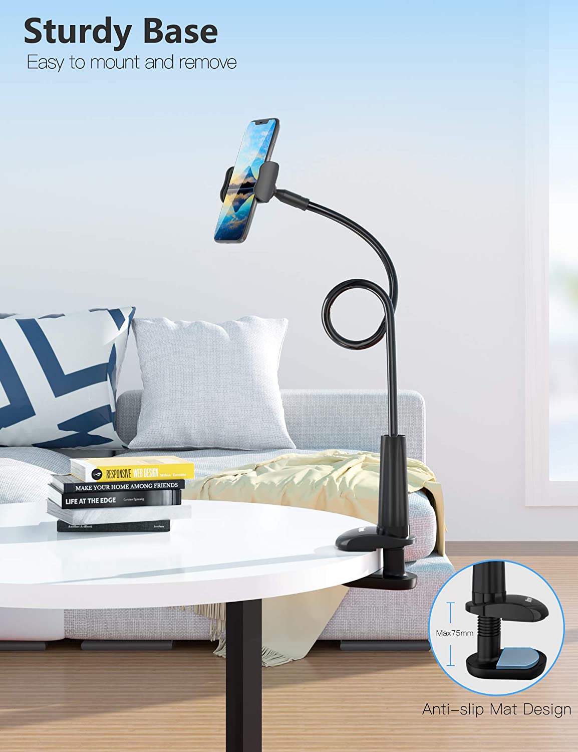 Tryone Soporte Movil Teléfono - Soporte Flexible con Brazo de Cuello de Cisne para Serie iPhone /Celulares Samsung/Huawei/Google Pixel y Más, 70 cm de Longitud en Total