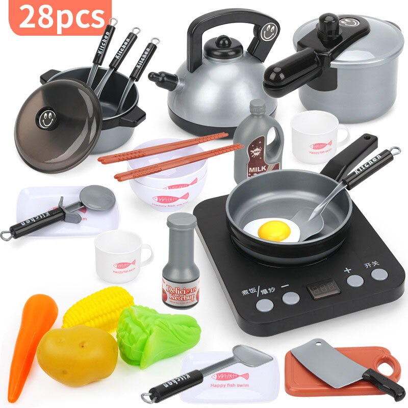 Kids Kitchen Toys for Children Pretend Play Girls Toys Kitchenware Playset Miniature Kitchen Pots Pans Kettle Faked Food: red 28pcs