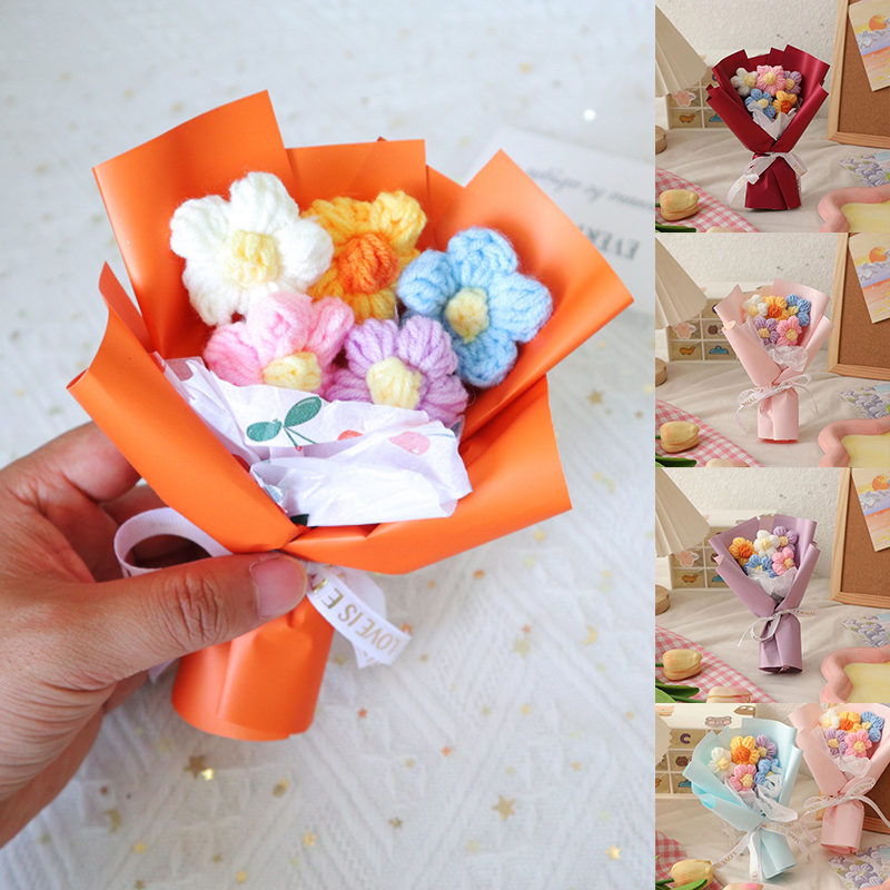 Mini buquê de flores de tricô feito à mão, buquê de flores de crochê com acabamento, caixa de presente para festa de casamento, acompanha buquê pequeno