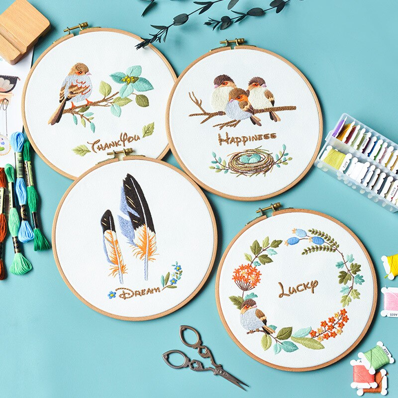 Livliga fåglar broderi kit gör-det-själv handarbete söta fåglar fjäder handarbete för nybörjare korsstygn konsthantverk (utan båge)