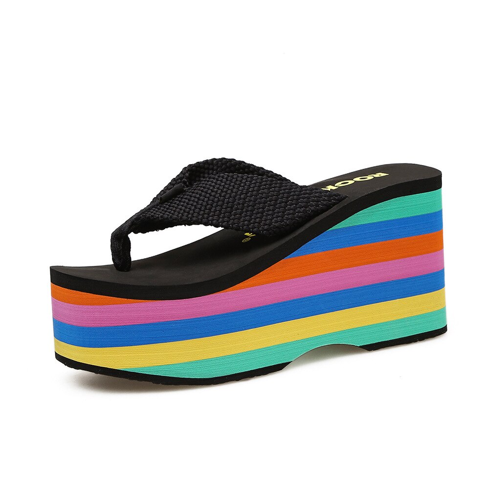 Superhög klack dam flip flops sandaler tofflor tjock botten plattform sluttning strand kvinnlig regnbåge slides skor: Svart / 8