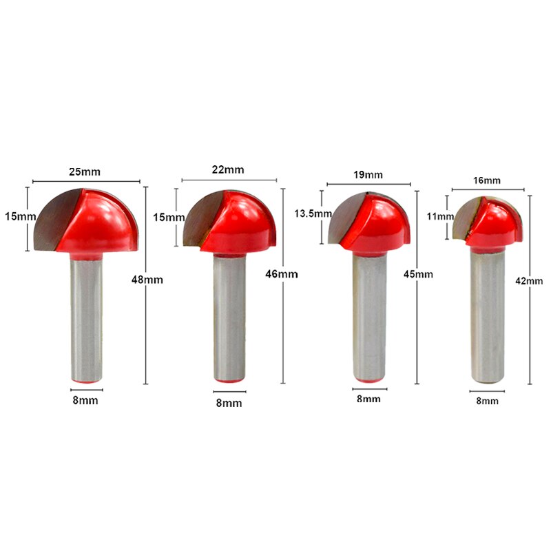 Hampton 8mm Shank Corner Rounding Milling Cutter 16/19/22/25mm Wood Router Bit For Wood Carbide Ball Nose End Mill Engraving Bit: 4pcs
