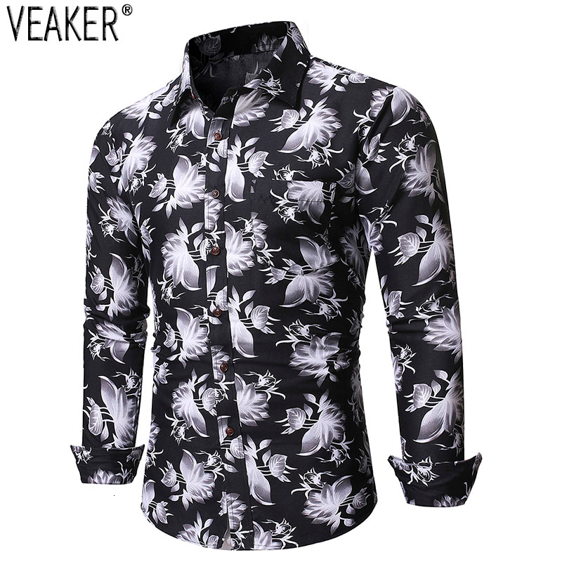Blommiga långärmade skjortor för män herr slim fit blommig skjorta höst basic toppar m -2xl