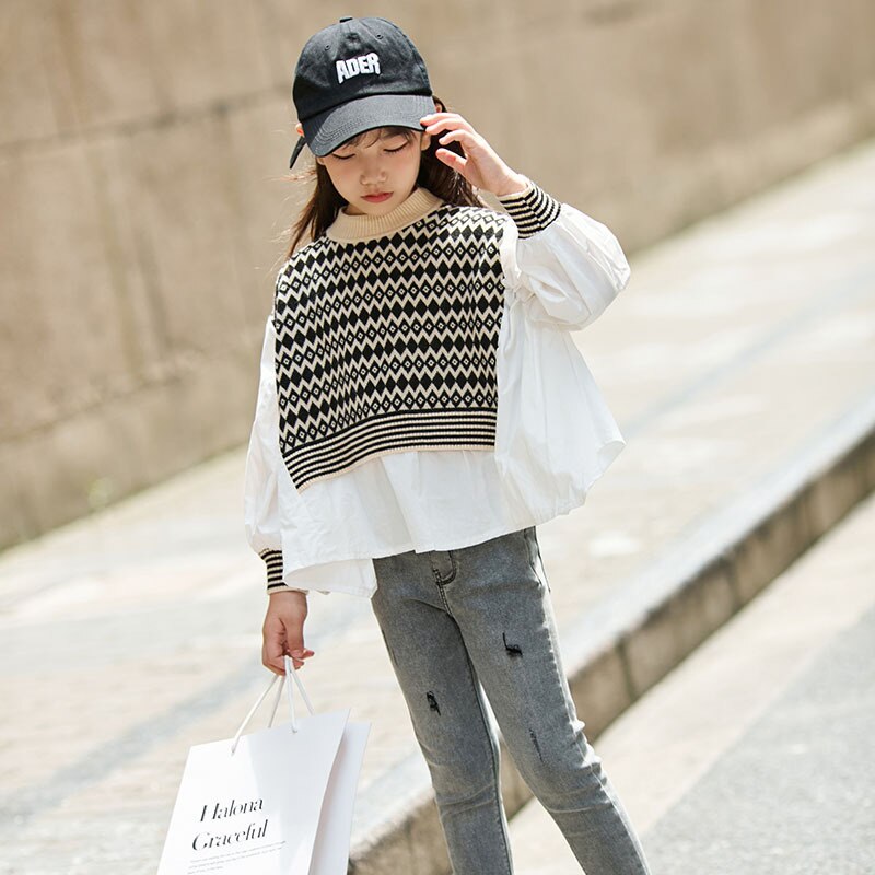 Girls Sweater Autumn Patchwork Irregular Kids Tops Teen School Casual Long-sleeve Clothing 12 14 Years Children Sweaters