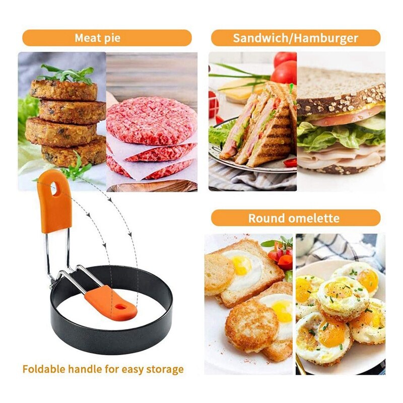 4 Pack Egg Rings,Stainless Steel Round Egg Cooker Rings Non Stick with Anti-Scalding Handle and Oil Brush