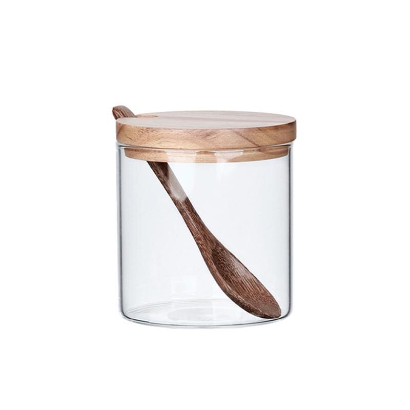 Kitchen Seasoning Jar Glass Spice Container Salt Jars Condiment Pot with Lid and Spoon(1 x Seasooning jar)