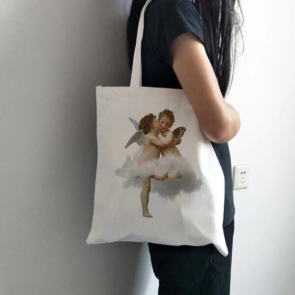 YOU CAN'T SIT WITH US Vintage Harajuku Angel Female College Canvas Shoulder Bag Casual Large Capacity White Totes