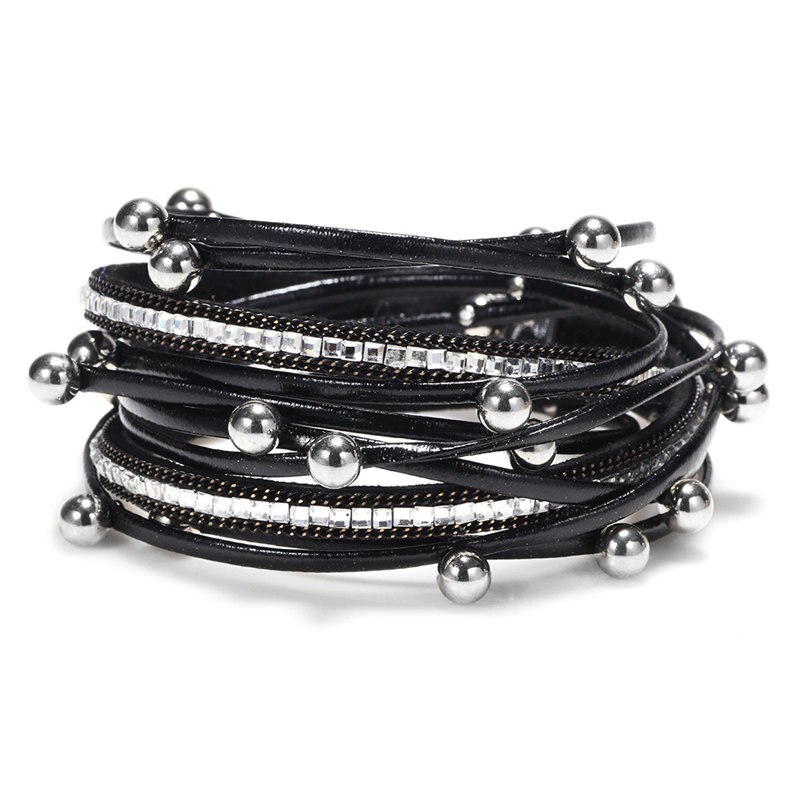 Rhinestone Beads Multilayer Ethnic Trendy Leather Bracelets Women Girl Cuff Bangle Female Jewelry geometric: black