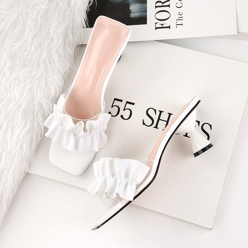 Zomerse dames slippers hoge hakken sandalen ruches vrouwelijke buitenslippers casual vakantie strandschoenen: Wit / 5