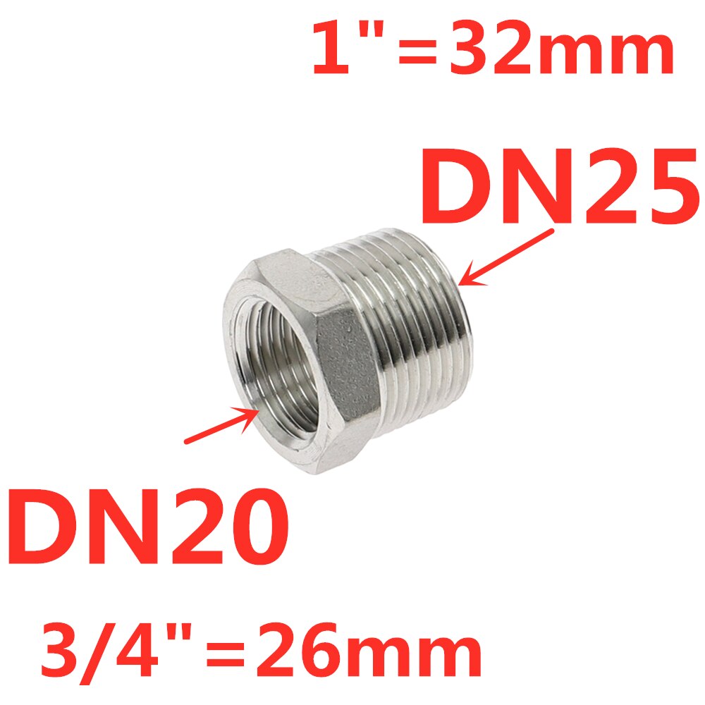 Tonisoiva sydämen vähennysholkki 1/8 &quot; 1/4 &quot; 3/8 &quot; 1/2 &quot; bsp uros/naaraskierre  ss304 ruostumattomasta teräksestä valmistettua putkiliitosta vesikaasuöljylle: Dn25 to dn20