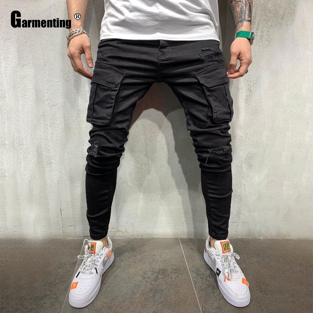 Garmenting Plus Size Mens Jeans Demin Pants Spring Autumn Hip Hop Trouser Men Casual Multi-pockets Skinny Pant: M