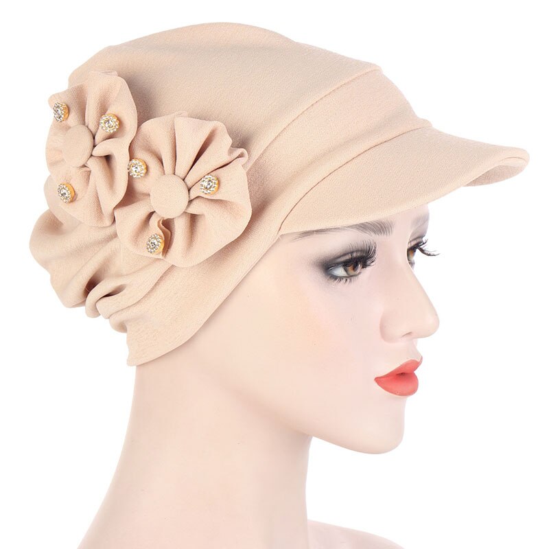 Muslim Turban Hijab Cap Women Turban Hat With Brim Flowers Head Wraps Solid Sun Protection Hats Lady Head Wear Turban: Beige