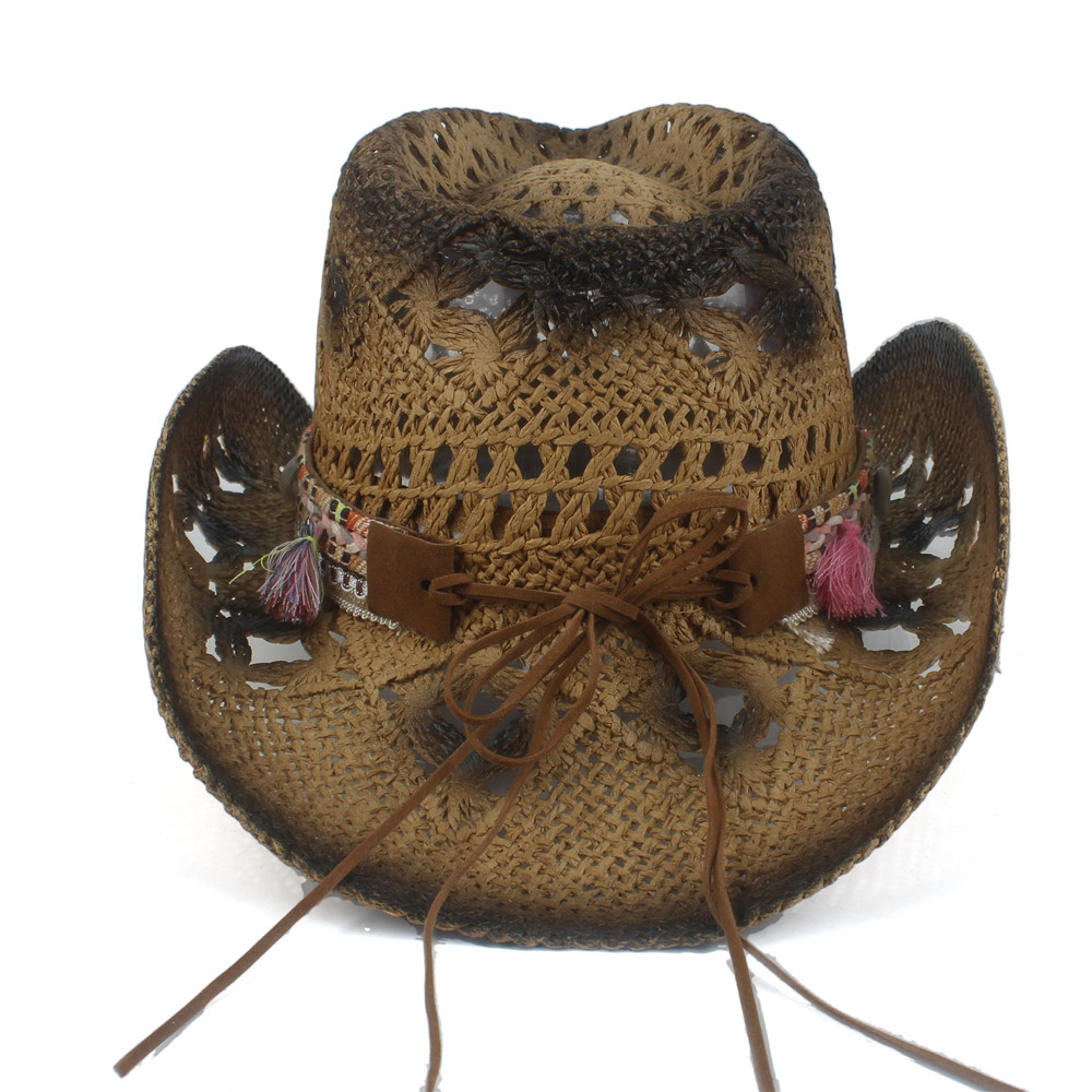 sommer Frauen Stroh Hohl Western Cowboy Hütte Dame Handgemachte Quaste Sombrero hombre Strand Cowgirl Sonne Hütte Größe 56 -58 CM