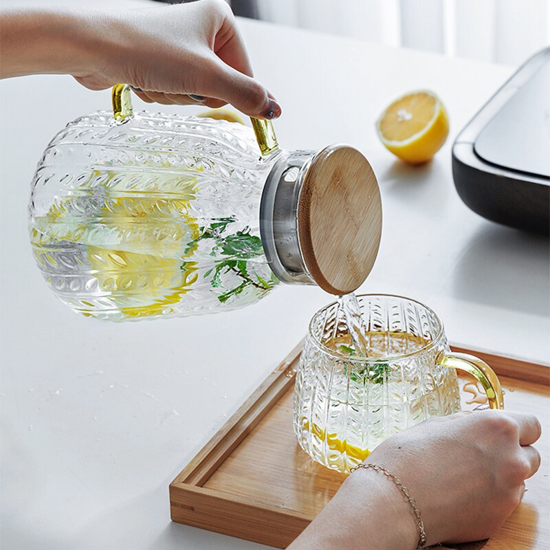 Glass Water Jug Creativity Glass Water Pitcher Cold Water Kettle Tea Pot With Wooden Cover Golden Handle 1500ML Home Use