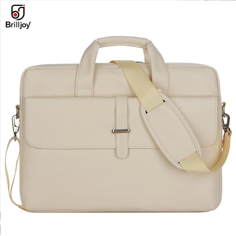 Brilljoy PU Leather women Handbags Laptop Bag Notebook Carrying Case men Briefcase for Macbook Air 13 14 15.6 inch shoulder Bag: Beige 15.6inch