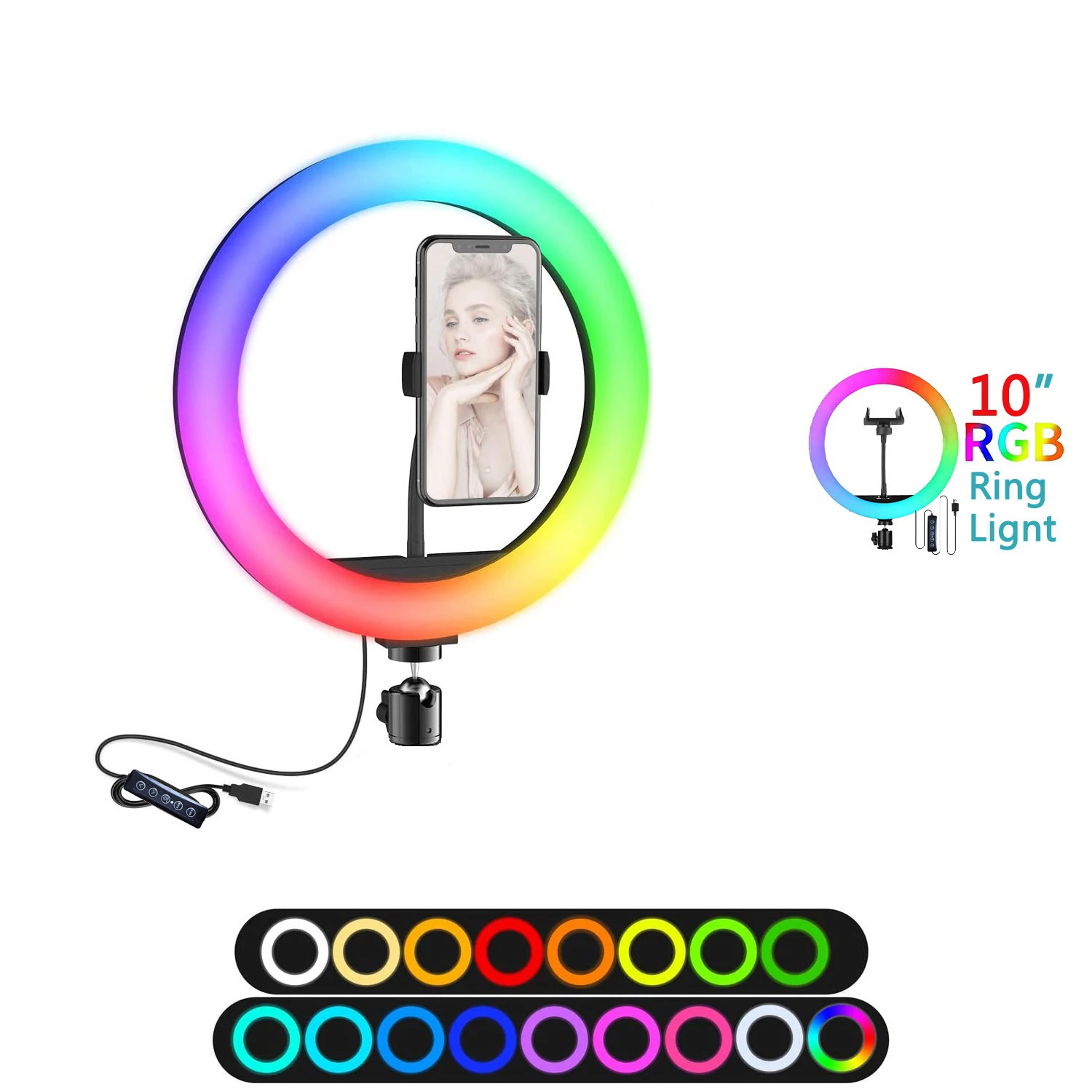 10 pollici RGB Selfie Ring Light Treppiede Supporto per telefono Fotografia RingLight Cerchio Luce di riempimento Lampada a colori a LED Trepied Makeup: Argento