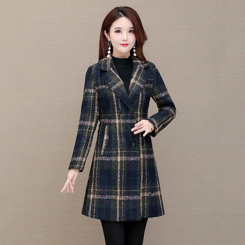 Vrouwen Wollen Jas Mid-Lengte Dubbele-Breasted Slim Plaid Jas Herfst Blended Tweed Wollen Doek bovenkleding Vrouwelijke: navy / L