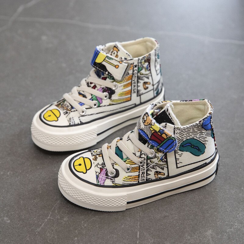 Kinderen Mid Top Canvas Schoenen Meisjes En Jongens Hoge Hak Schoenen Klittenband Kinderen Graffiti Sneakers Voor Tieners