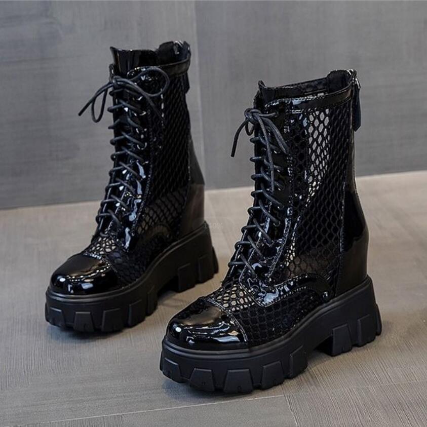 Mid kalv plattform sandaler stövlar kvinna sommar martin boots ihåliga mesh kilar kvinnors vårskor ökad klack svart vit