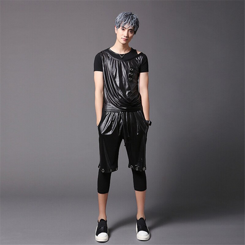 Pantalones elásticos punk de primavera y verano para hombre, traje para actuación de discoteca, leggings casuales vintage para hombre, pantalones de retales de imitación de cuero
