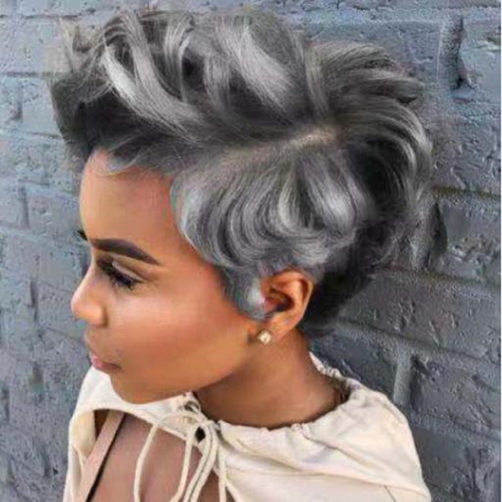 Pixie Cut Synthetic Wigs Short Black Yellow Wine Orange Wigs Natural Looking Heat Resistant Hair Wigs For Black Women: black grey
