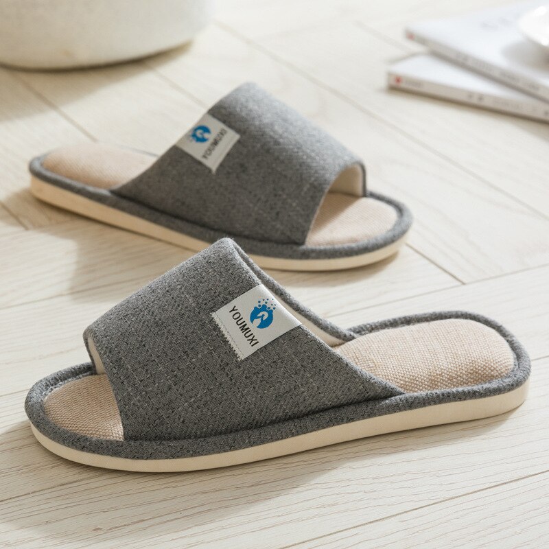 Open Indoor Spring and Autumn Cotton Linen Home Slippers Men 's and Women 's Floor Non-Slip Home Linen Slippers Stall: Dark Grey / 39-40
