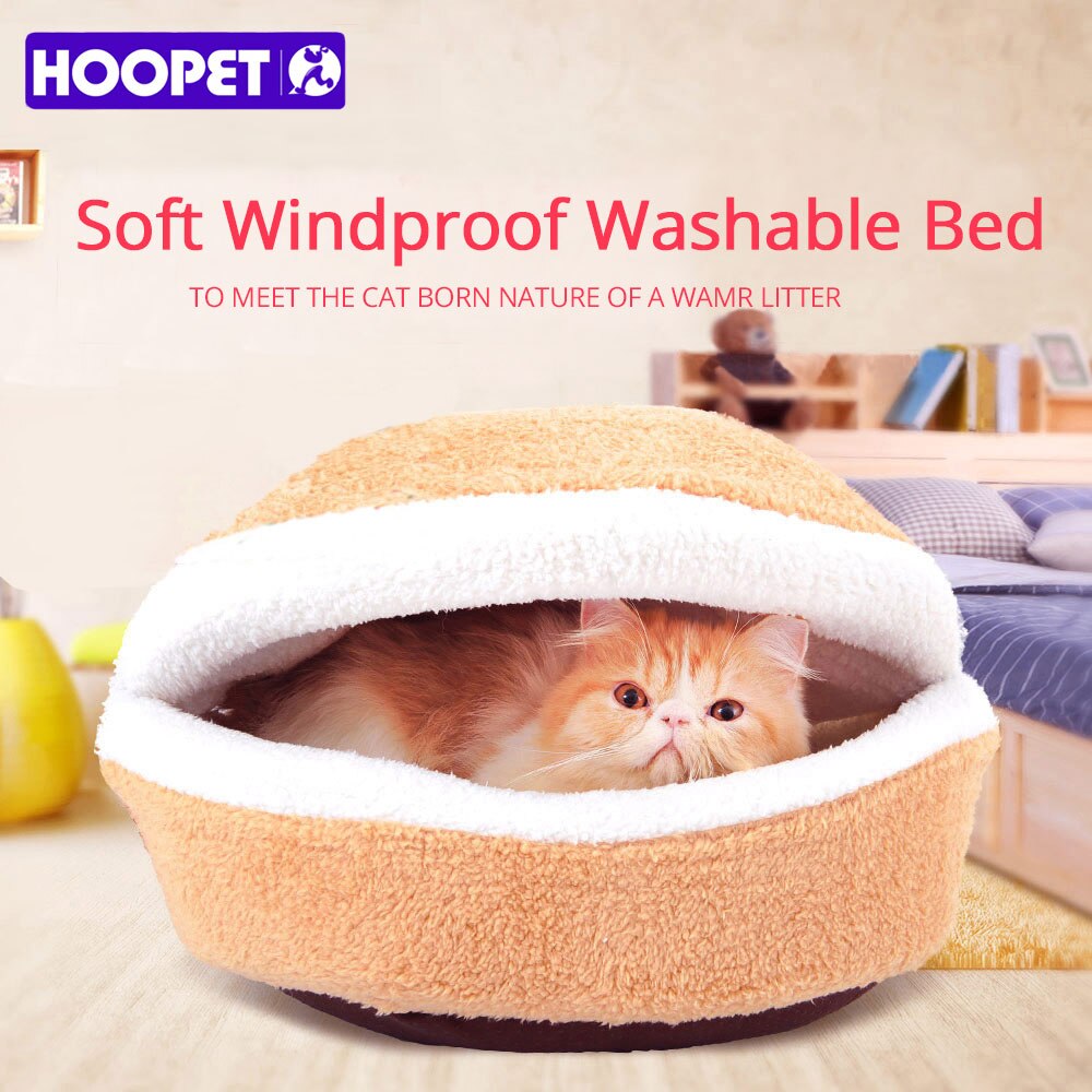 HOOPET, cama de gato cálida, cama con forma de hamburguesa, desmontable, a prueba de viento, mascota, cachorro, nido, carcasa, oculta, bollo de hamburguesa para invierno