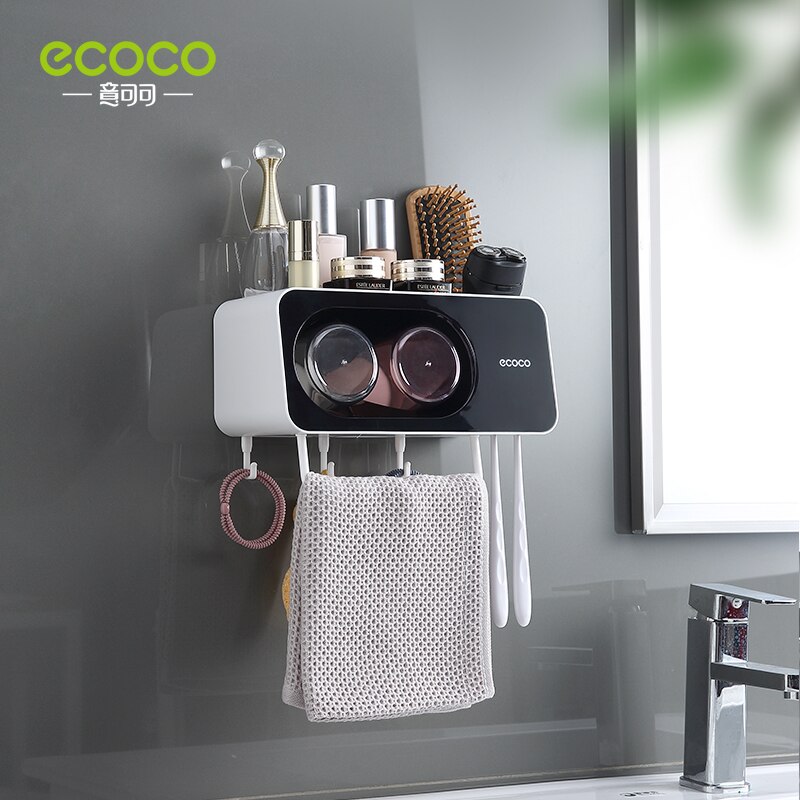 ECOCO Multifunctional Toothbrush Holder Towel Bar Free Punching Automatic Toothpaste Dispenser Squeezer Bathroom oom Accessories: 2 Cup Black