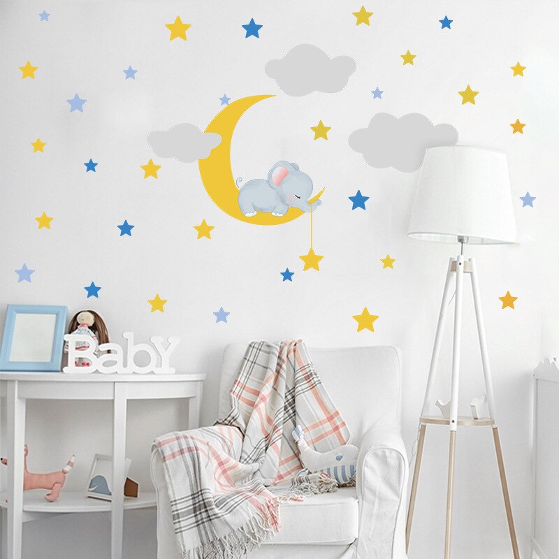 Tegneserie baby elefant måne stjerne wallsticker baby børneværelse soveværelse tapet stue til boligindretning smukke klistermærker